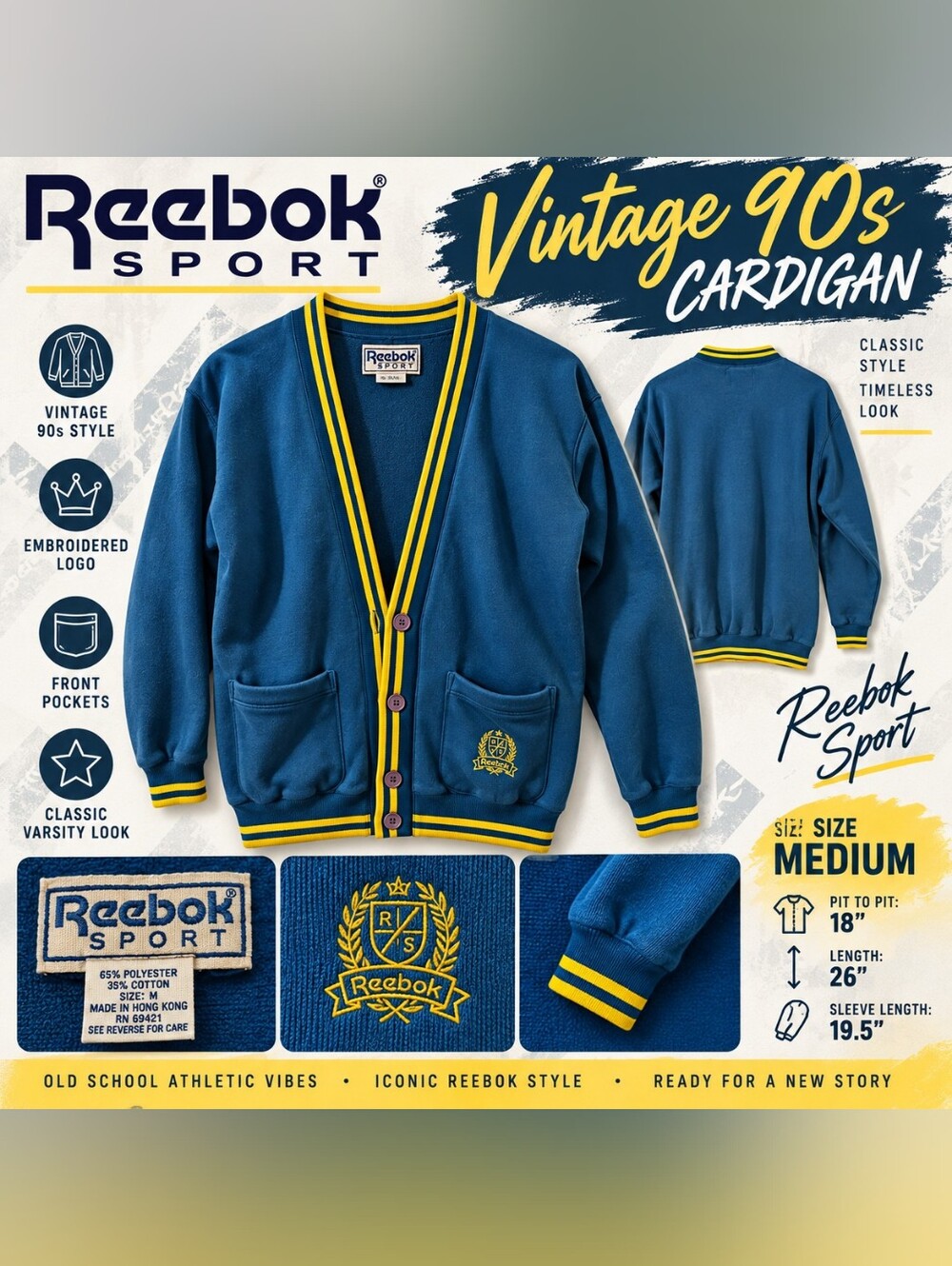 Vintage 90s Reebok Sport Cardigan Medium Blue Yellow Varsity Embroidered Logo